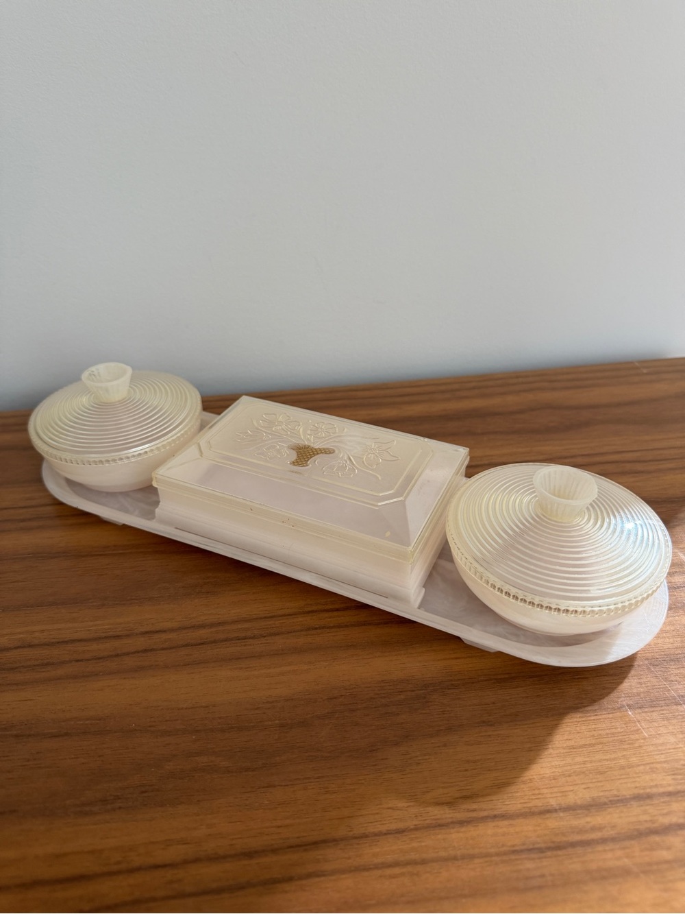 FOSTA Vintage Vanity Dresser Set Lidded Powder Trinket Boxes Marbled Tray MCM
